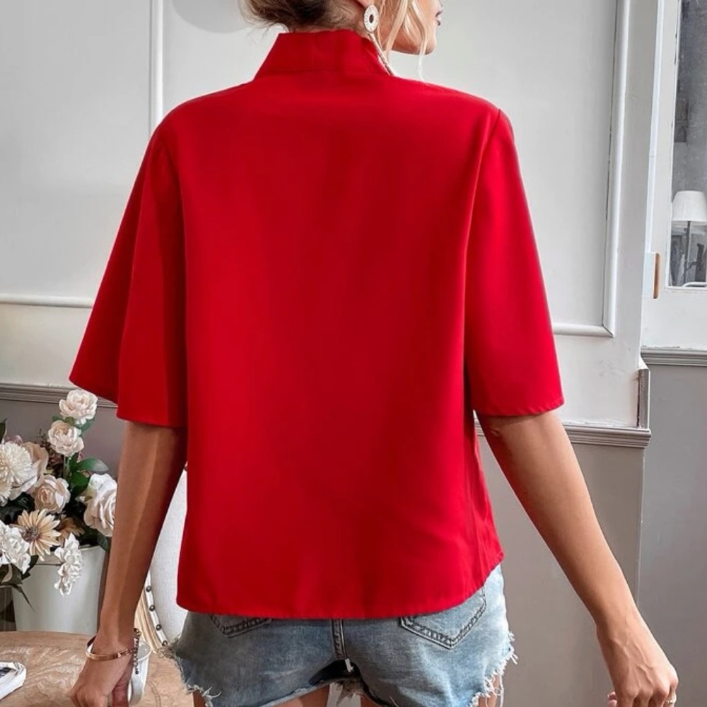 Red tie neck flounce sleeve blouse - Picture 3 of 6
